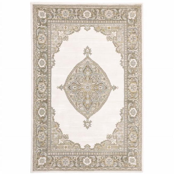HomeRoots  2 x 3 ft. Beige Ivory Tan Gold Gray & Green Oriental Power Loom Stain Resistant Rectangle Area Rug - Beige and Ivory