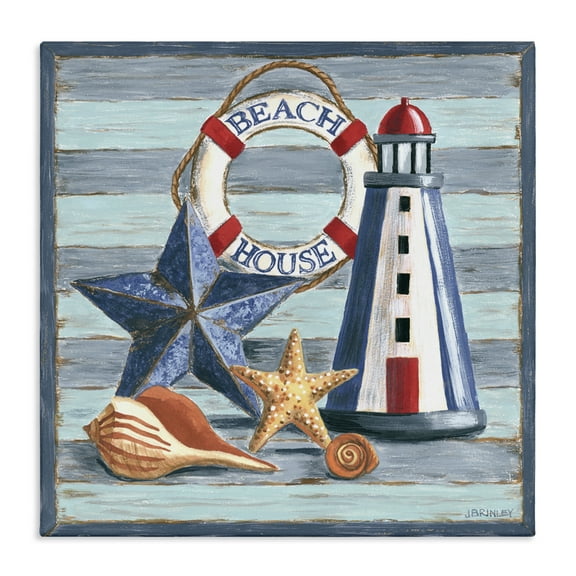 Stupell Industries Rustic Beach House on Stripes Nautical & Beach Painting Wrapped Canvas Art Print Wall Art, 17 x 17