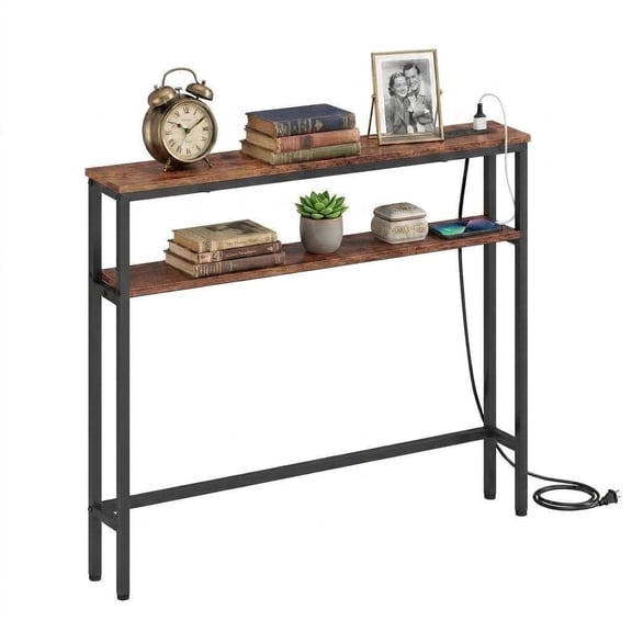 Tall Console Table with Power Outlet, 2-Tier Narrow Sofa Table with 2 Shelves, for Living Room, Hallway, Entryway, Rustic Brown