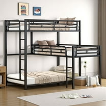 L-Shaped Triple Twin Size Bunk Bed, Metal Bunk Bed with Built-in Ladder, Heavy-Duty Bunk Bed Frame with with Safety Guardrails, No Spring Box Needed, Black