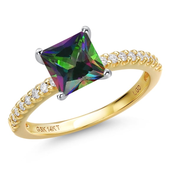 Gem Stone King 14K Two Tone Gold Green Mystic Topaz and Lab Grown Diamond Engagement Ring for Women | 1.36 Cttw | Princess 6MM | Gemstone November Birthstone | Size 7
