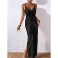 thumbnail image 2 of Womens Crochet Knit Sheer Summer Backless V Neck Side Slit Bathing Suit Cover Up Midi Dress Black One Size, 2 of 6