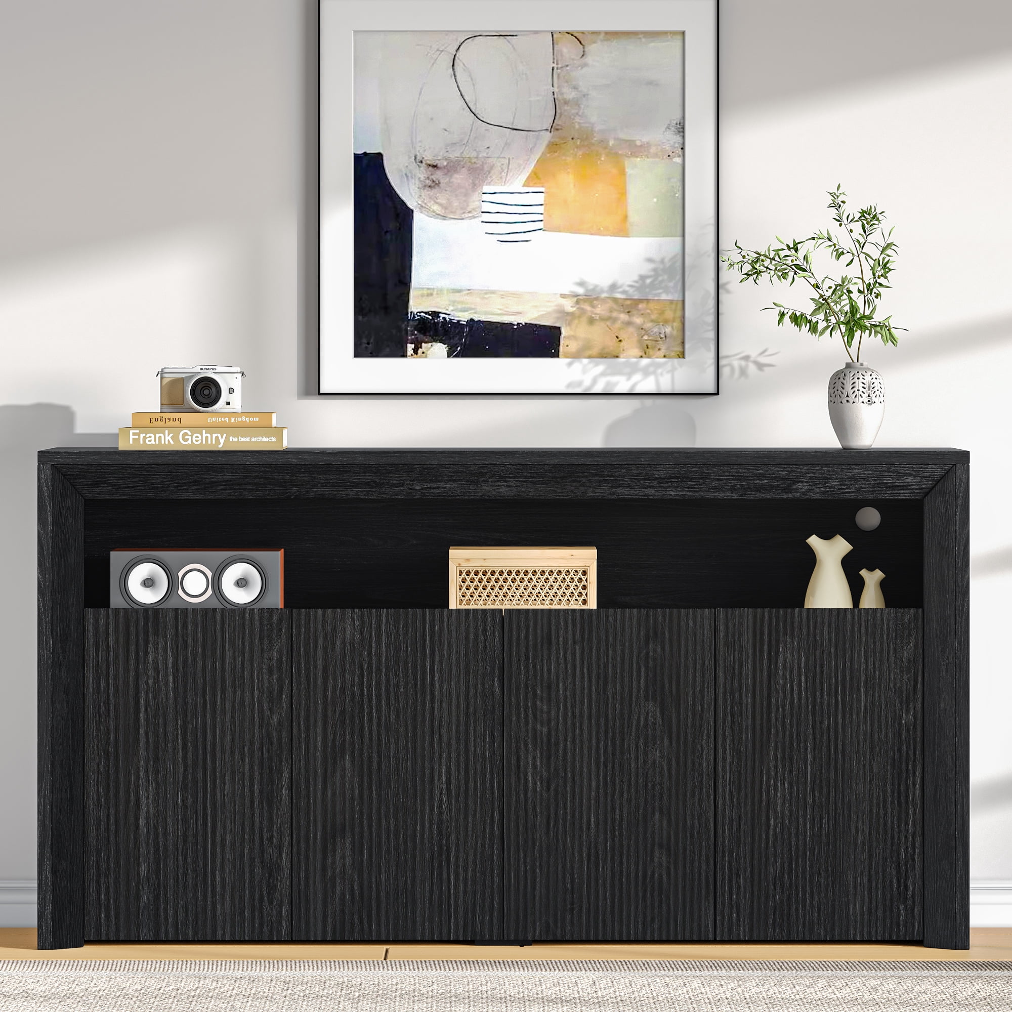 Einhomn TV Stand for TVs up to 85 Inch,Wood Entertainment Center with Open & Adjustable Storage,Mid Century Modern TV Media Console with LED Lights for Living Room,Bedroom,Dark Grey