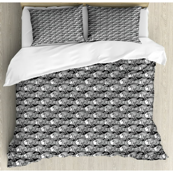 Fish Duvet Cover Set King Size, Monochrome Anemone Fishes and Clownfishes Drawings Under the Sea Illustration, Decorative 3 Piece Bedding Set with 2 Pillow Shams, Black and White, by Ambesonne