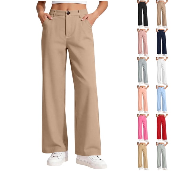Xaqiouau Girls Dress Pants Wide Leg School Uniform Pants High Waisted Straight Leg Trousers with Pockets Preppy Back to School Clothes for Kids Ages 5 to 15