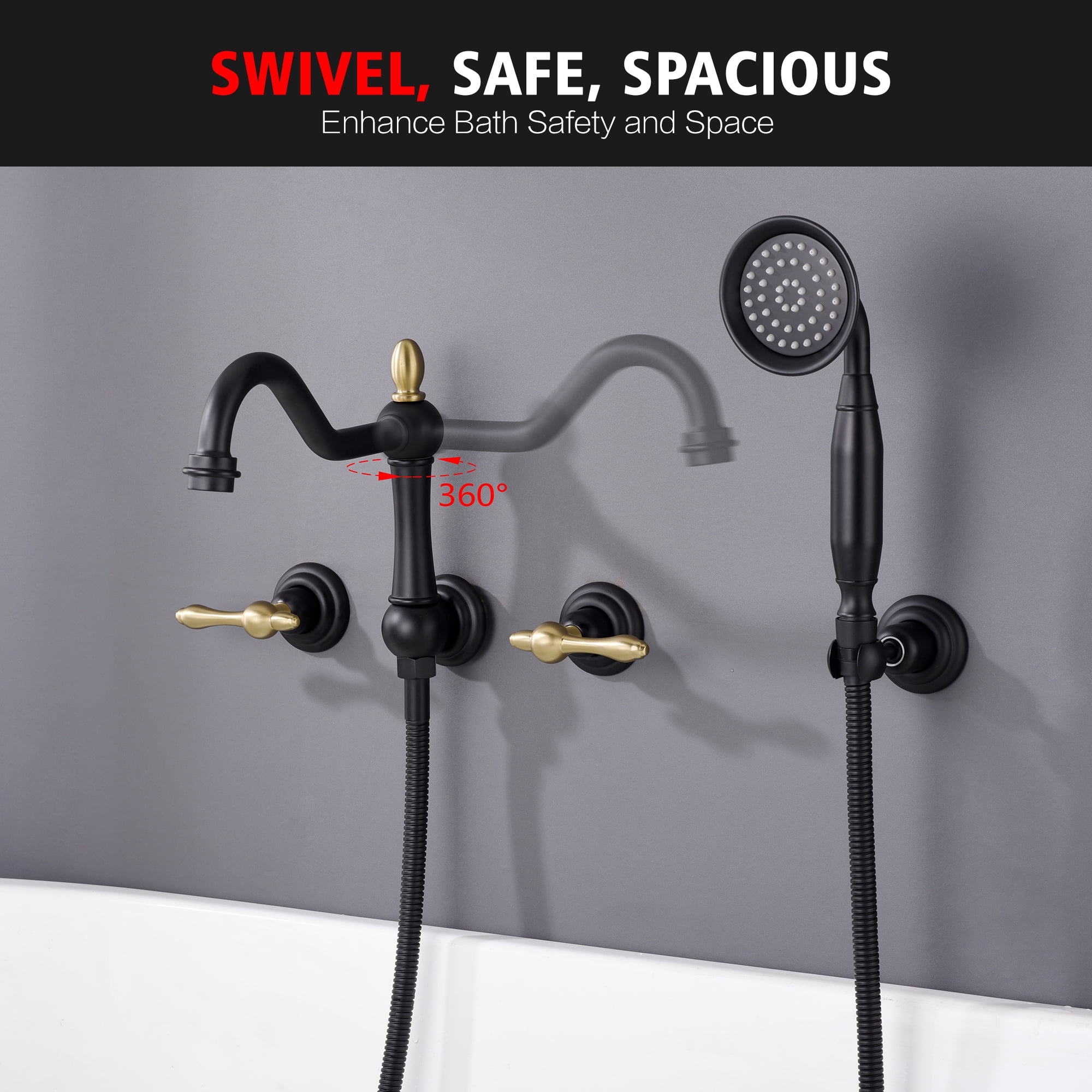 SUMERAIN Wall Mount Tub Faucet with Hand Shower, Vintage High-Flow Bathtub Filler Set Including Rough-in Valve, Black and Gold Finish