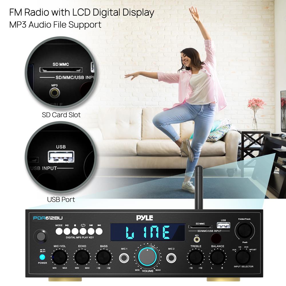 Pyle 200 Watt Compact Bluetooth Stereo Amplifier, MP3/USB/SD Readers