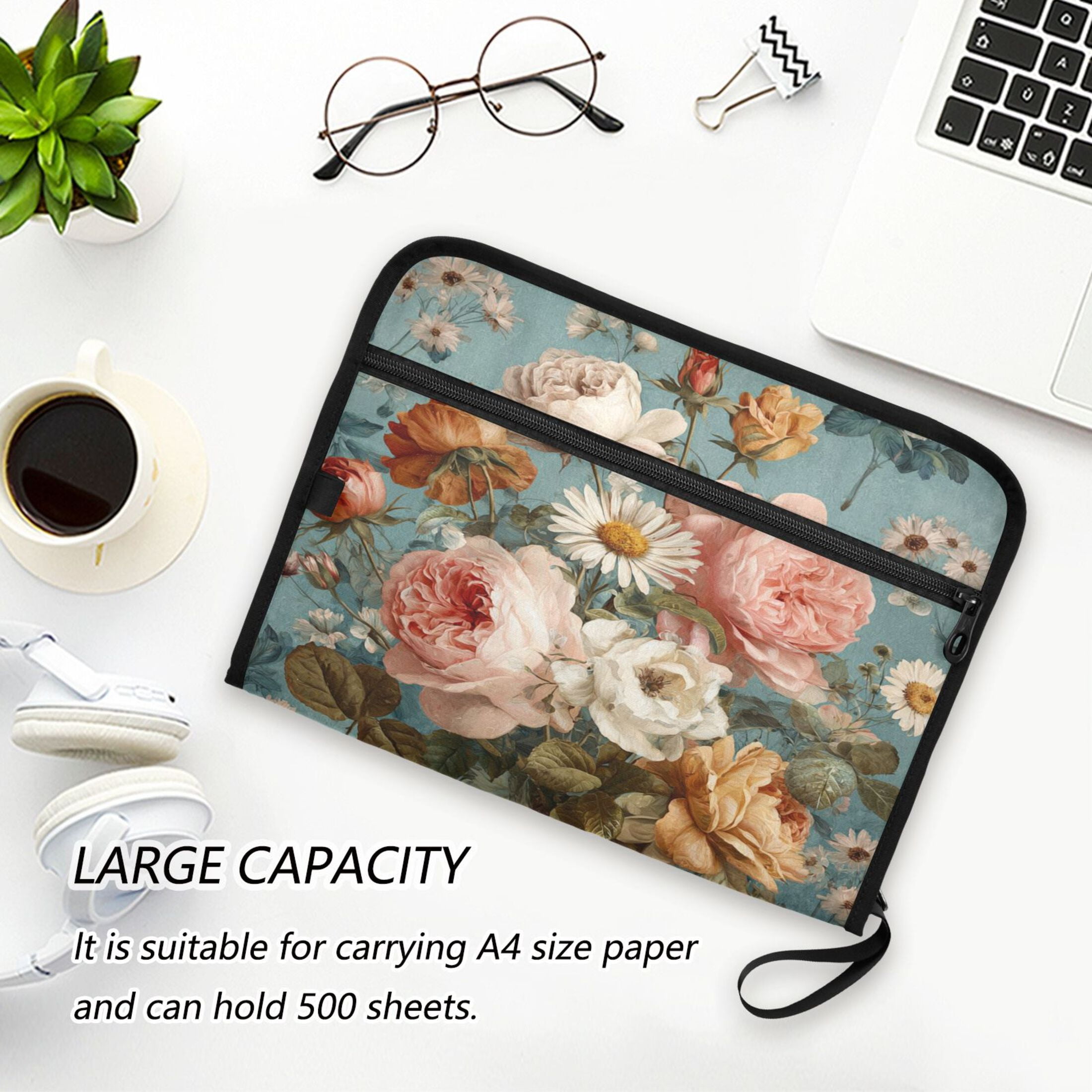 Accordion File Organizer with Zip Closure 13 Pockets Expanding File Folder Letter A4 Paper Document Organizer for Home Office Vintage Roses and Peonies