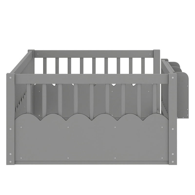 Twin Size Floor Bed with Heightened Fence, Kids Platform Bed Frame with No Slat, Montessori Storage Bed with Bookshelf