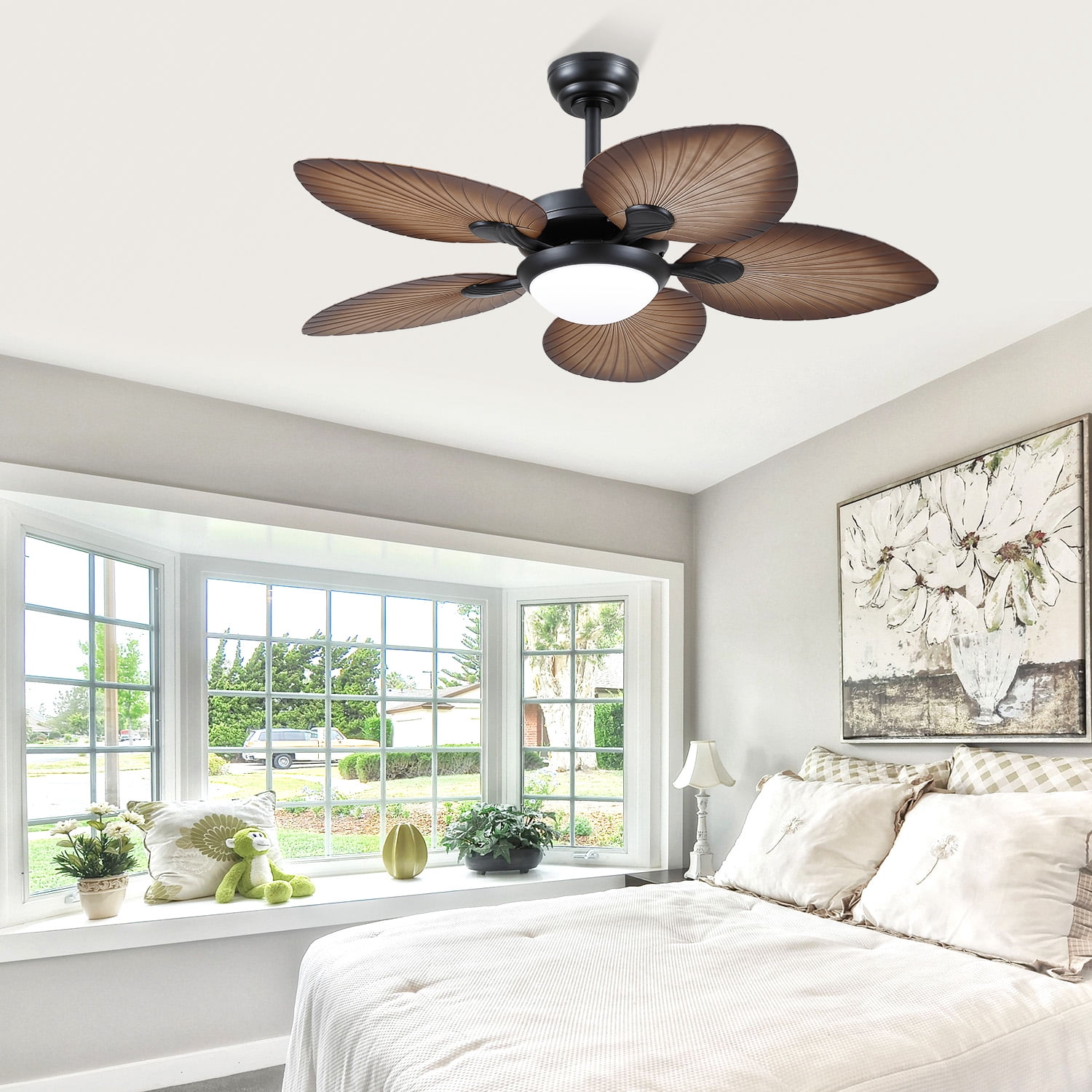 YIOSI 44″ Tropical Palm Leaf Ceiling Fan with Dimmable LED Lights, Remote & Smartphone App Control, 6 Speeds, Reversible Quiet Motor, Indoor/Outdoor
