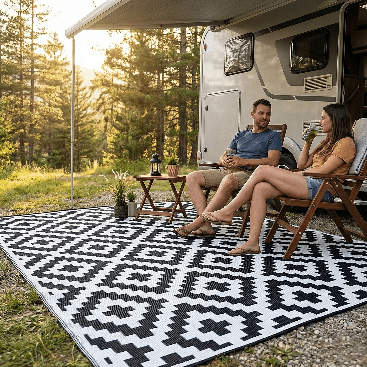 FH Home Outdoor Rug - Waterproof, Fade Resistant, Reversible - Premium Recycled Plastic - Geometric - Large Patio, Deck, Sunroom, RV, Camping - Aztec - Black & White - 4 x 6 ft Foldable