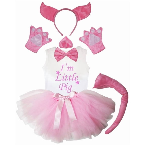 Petitebelle Pig Headband Bowtie Tail Gloves Tutu Shirt Nose 6pc Costume (Pink, 3-4 Years)