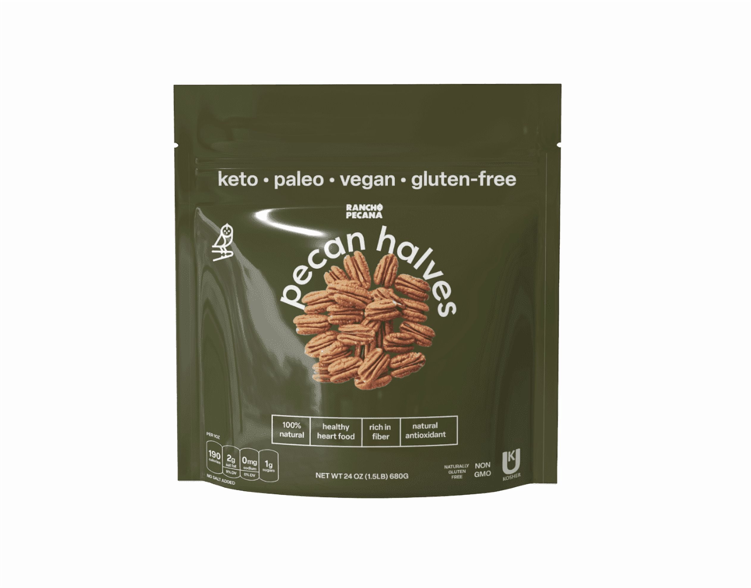 Rancho Pecana Premium Natural Pecan Halves 1.5 LB (24 Oz), Crispy Naturally Gluten-Free Pecan Nuts, Non-GMO, Grain-Free and Naturally Heart Healthy Pecans, Carefully Shelled