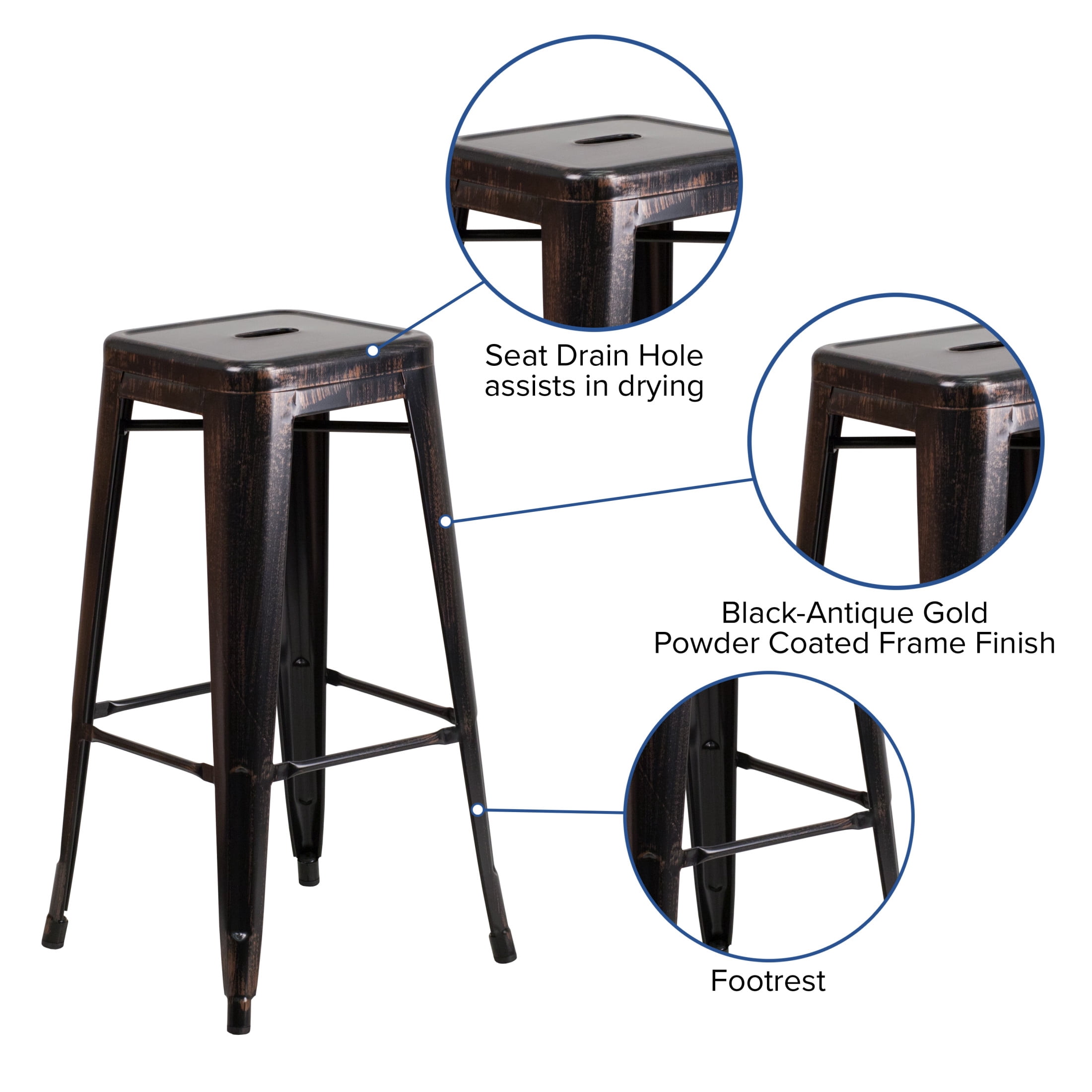 Merrick Lane Black-Antique Gold 30" High Backless Metal Bar Height Stool with Square Seat for Indoor-Outdoor Use