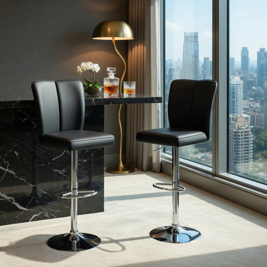 Hommoo 2-Piece Modern PU Leather Bar Stools with Adjustable Height, 360° Swivel & Trumpet Silver Metal Legs, Contemporary Kitchen, Bar & Lounge Seating, Black