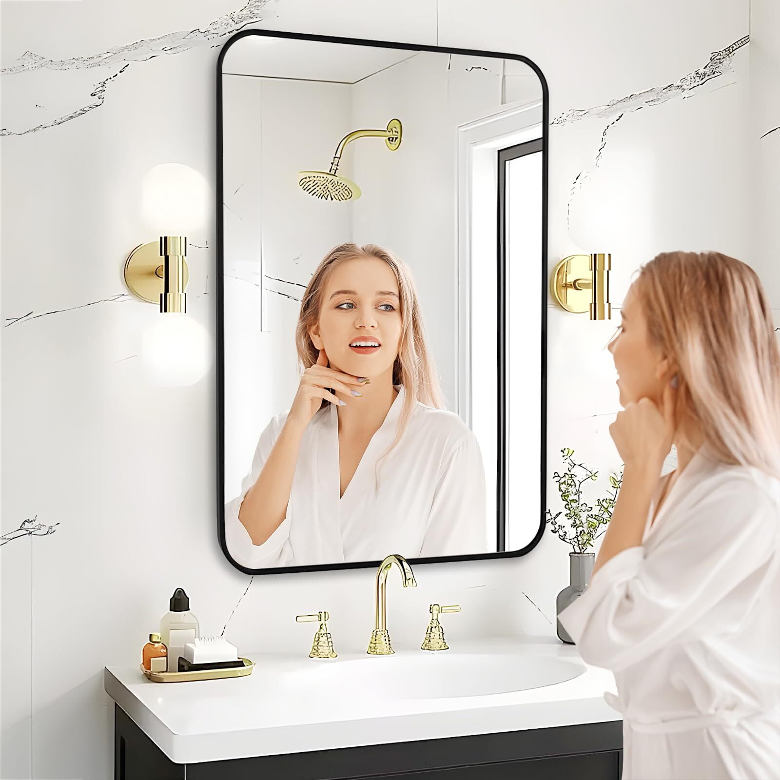 Lumora 36"x24.2" Bathroom Mirror with Matte Metal Frame, Big Rounded Rectangular Vanity Mirrors Black