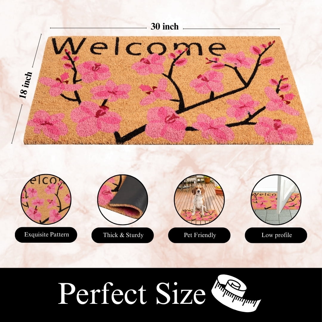 A1HC Natural Coco Coir Doormat, Spring Pink Floral, 18"x30", Durable Outdoor Welcome Mat, Non-Slip, Easy to Clean, Pet Friendly