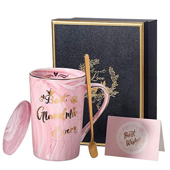 DoubleWhale Mothers Day Gifts for Grandma - Mothers Day Gifts from Daughter - Best Grandma Ever Birthday Anniversary Day Gifts - Marble Ceramic Coffee Mug 14 Oz with Lid Pink