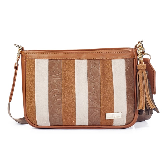 Bolsa Crossbody Eva AngeLozano Color Camel Sintética con Grabado Cincelado y Herrajes Dorados