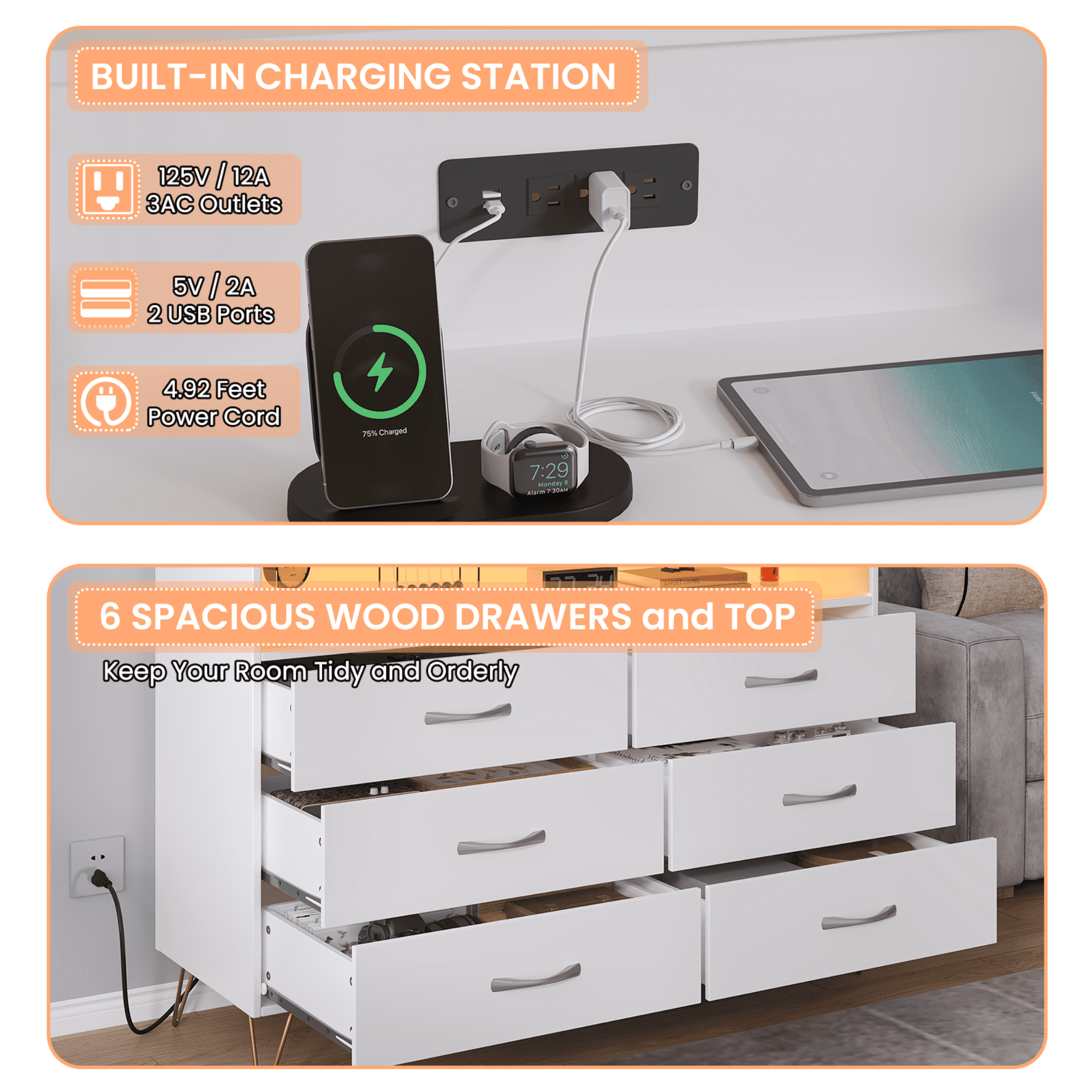 6 Drawer White Dresser with LED Lights and Charging Station,Modern Wood Dressers for Bedroom & Living Room
