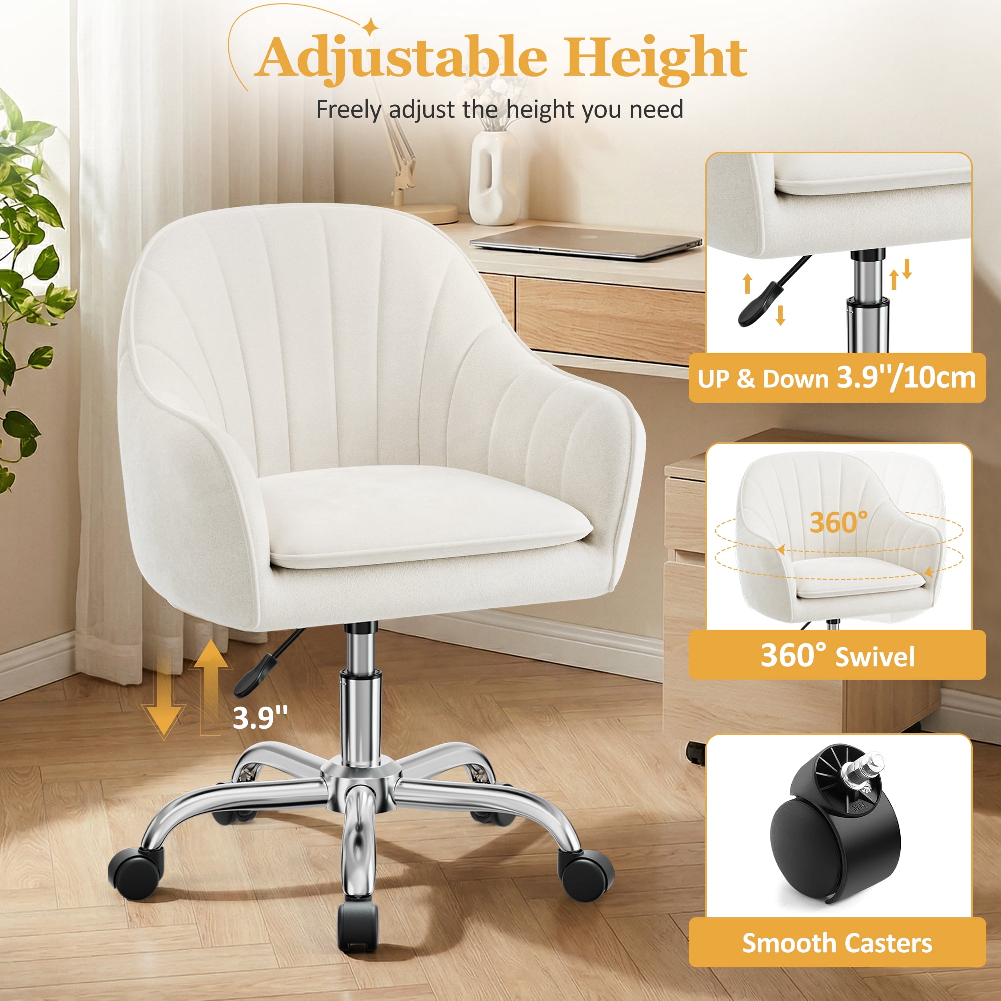 COOLHUT Office Desk Chair with Padded, Velvet Vanity Chair with Back and Wheels, Home Office Chiar with Sliver Legs, Height Adjustable, Rolling Chair for Vanity Room, Makeup Room, Bedroom, Beige