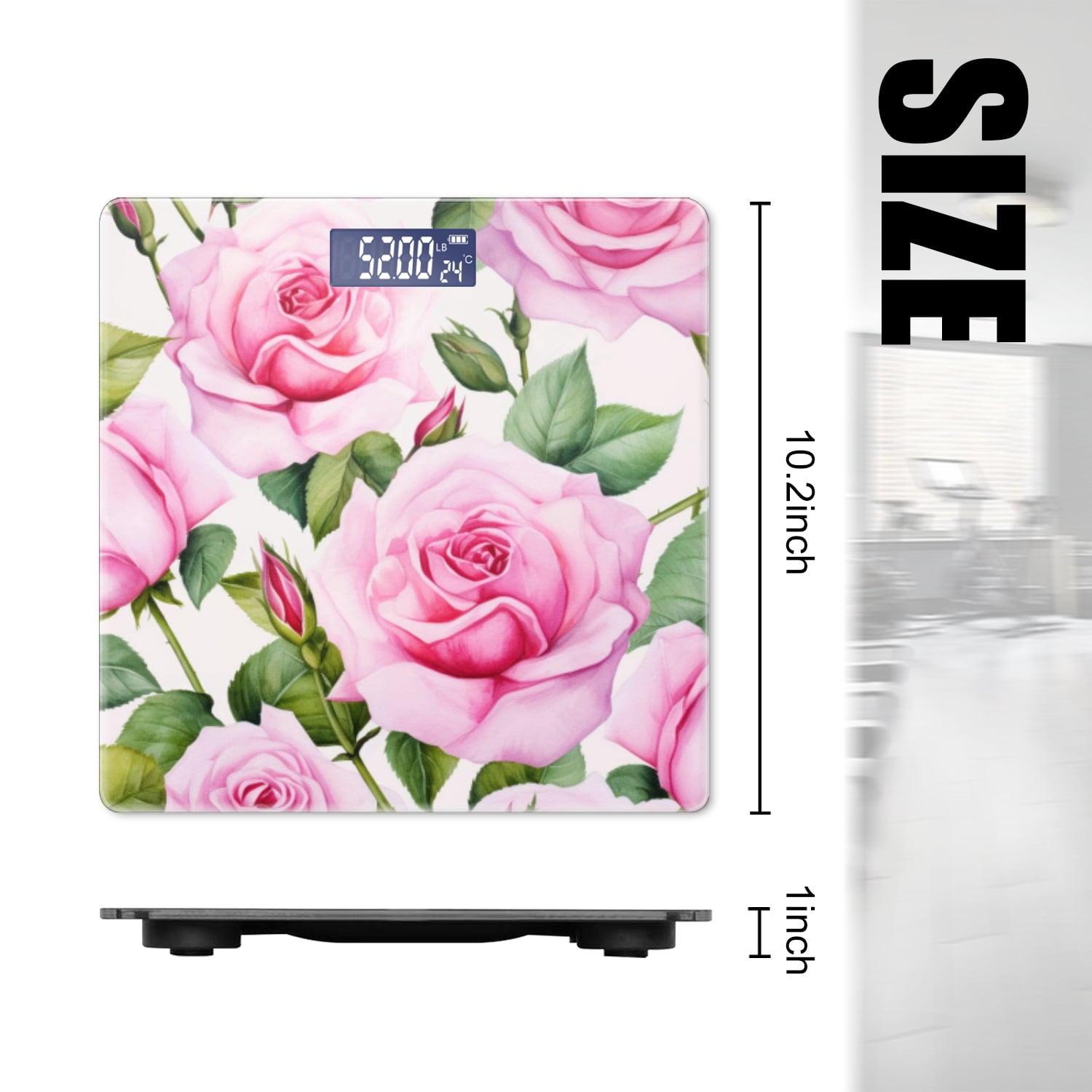 High Precision Body Weight Scale Smart Bathroom Scales with Large LCD Display(400lbs),Decorative for Bedroom-Pink Rose Flowers And Green Leaves With White Background
