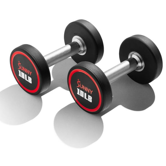 Sunny Health & Fitness Premium Polyurethane Commercial Grade Round Dumbbells 10LBS with Diamond Knurled Handle, Durable Strength Training Equipment for Home Gym, Pair