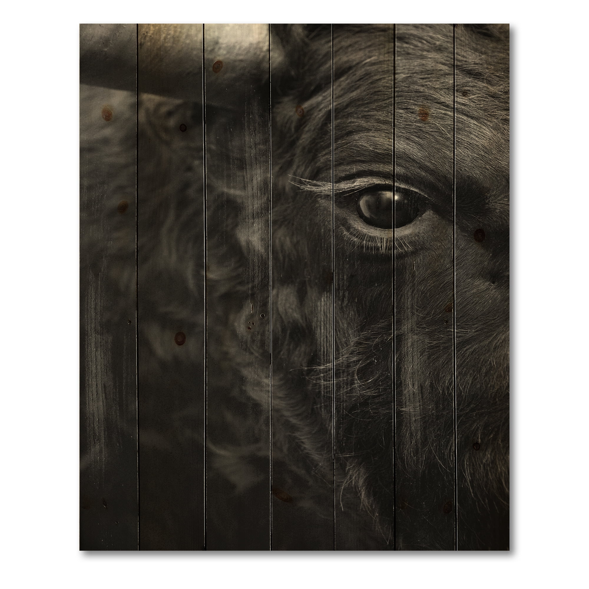 Designart 'Close Up Of Eye Of A Bull' Farmhouse Print on Natural Pine Wood