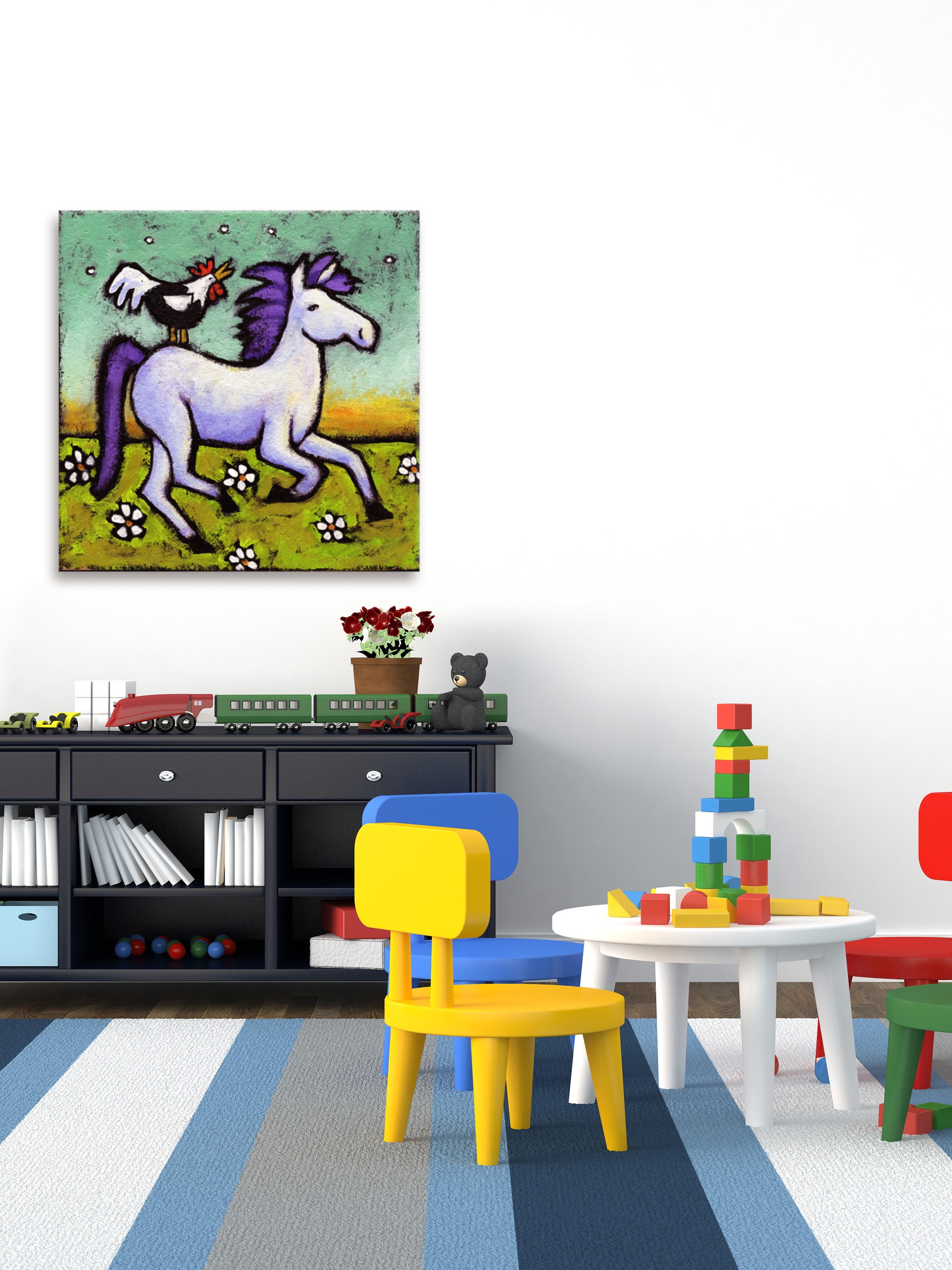 "Rooster Rides a Horse" Painting Print on Wrapped Canvas
