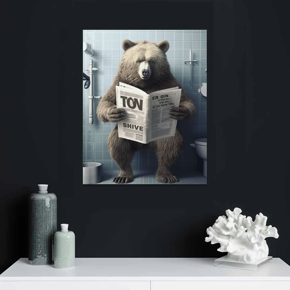 EastSmooth Black Bear Bathroom Decor Wall Art Bear Sitting in Toilet Reading Newspaper Print Picture Toilet Wall Decor Funny Bear Painting Framed Modern Artwork for Bathroom Toilet Decor