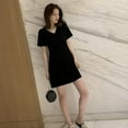 thumbnail image 1 of Femmes d'Été V-Cou à Manches Courtes Robe Froncée Dames Robes Décontractées Rose Midi Jupe XL, 1 of 7