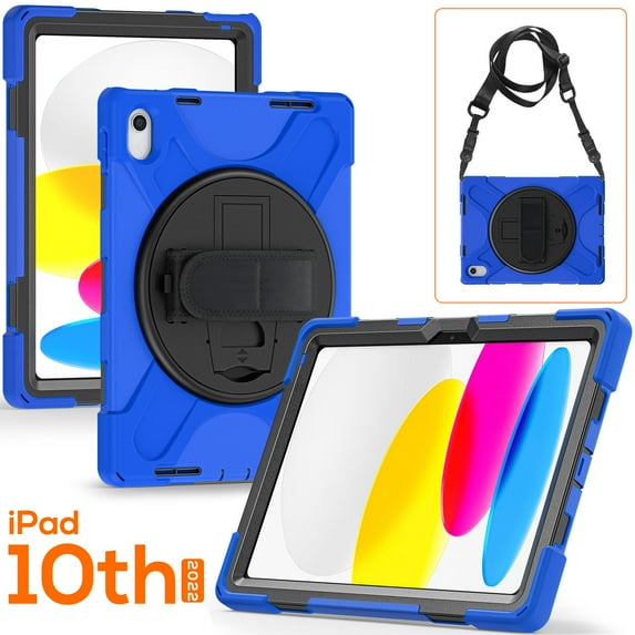 Elehold Hybrid Heavy Duty Rugged Case Compatible with iPad 10th Gen 10.9" (2022) with 360 Rotating Hand Strap/Shoulder/Kickstand Strap Shockproof Double Protection Case Cover,Blue