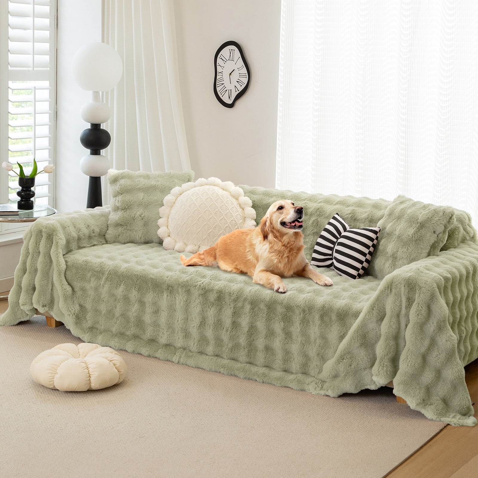 WOOW DEPOT Warm Faux Rabbit Fur Sofa Cover Machine Washable, Thick Throw Blanket L Shape Slipcover for 2 - 3 Cushion Couch, Green 71"x118"