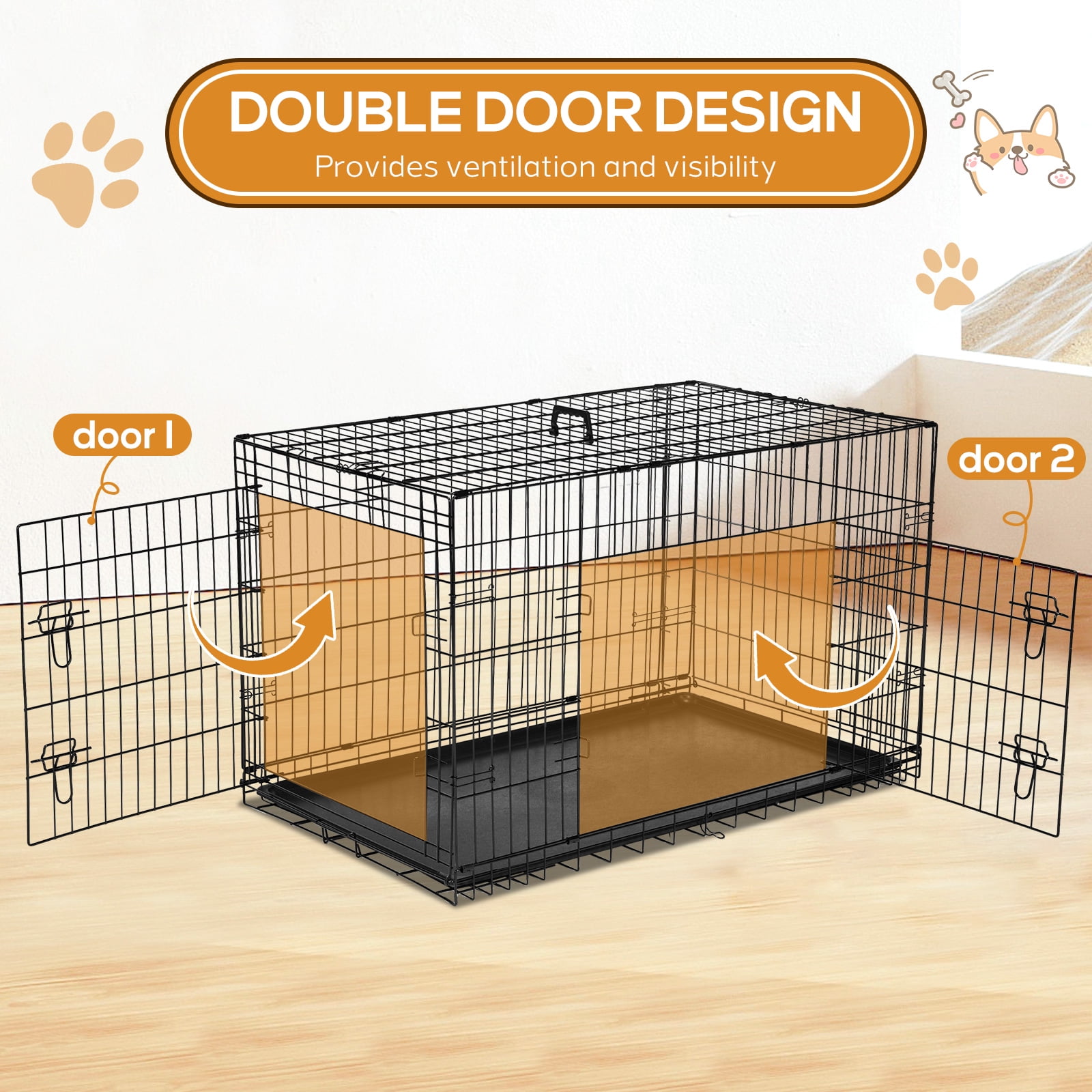Dog Crate, 36 Inch Small Wire Kennel with Divider Panel, Metal Cages with Double Door, Leak-Proof Pan Tray, Folding Portable for Indoor Outdoor Travel