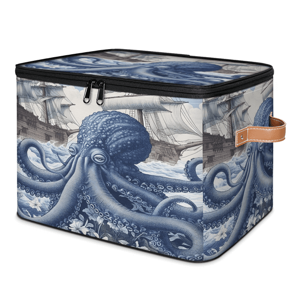 CURLYOOT Octopus Ocean Themed Storage Bin with Zipper Lid, Fabric Decorative Lidded Storage Baskets Boxes, Foldable Organizer Container Basket for Bedroom Closet Shelf