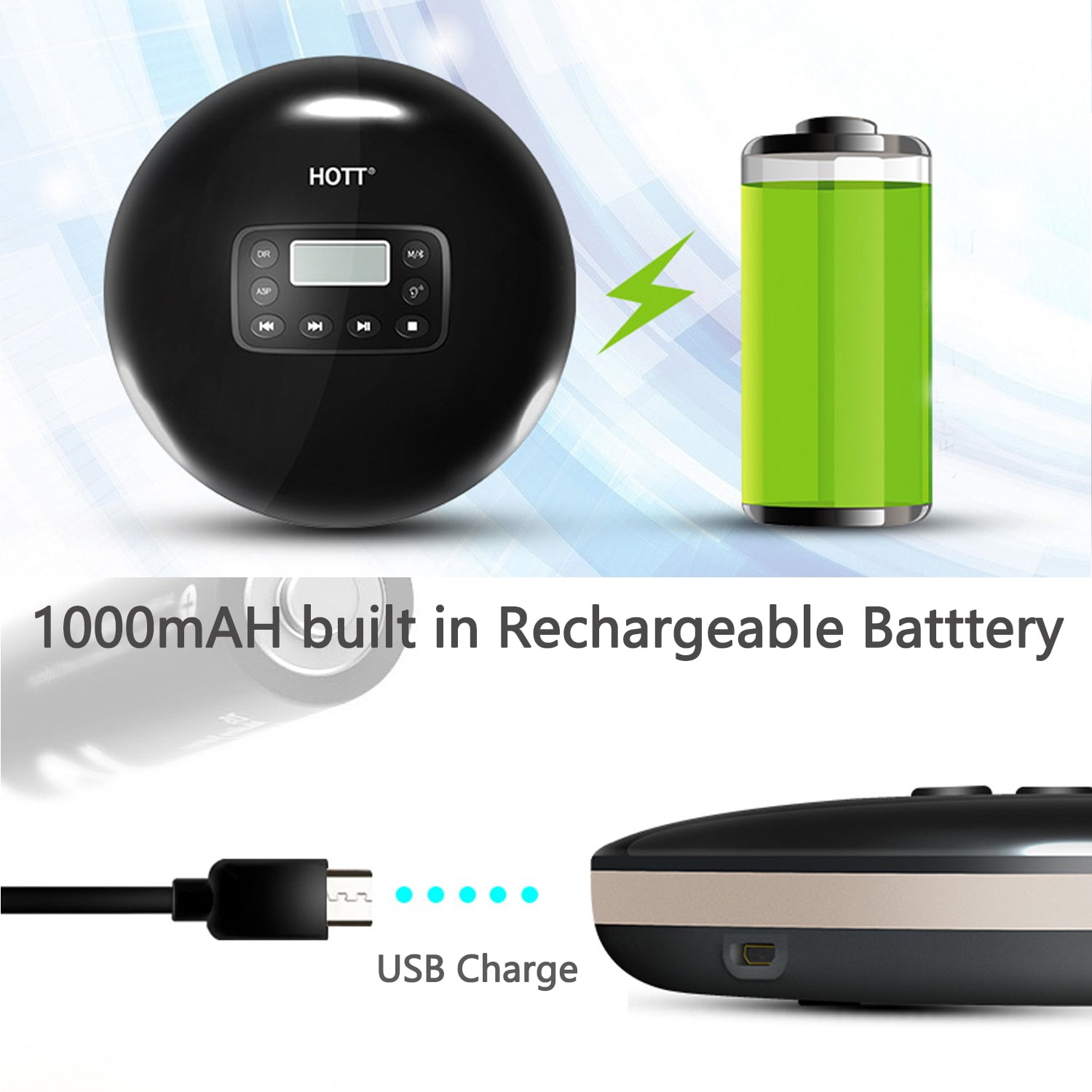 MEGICOT Portable Bluetooth 5.0 CD Player with LED Display, Rechargeable, Anti-Skip Protection, Anti-Shock, Headphone Jack Personal CD Music Disc Player