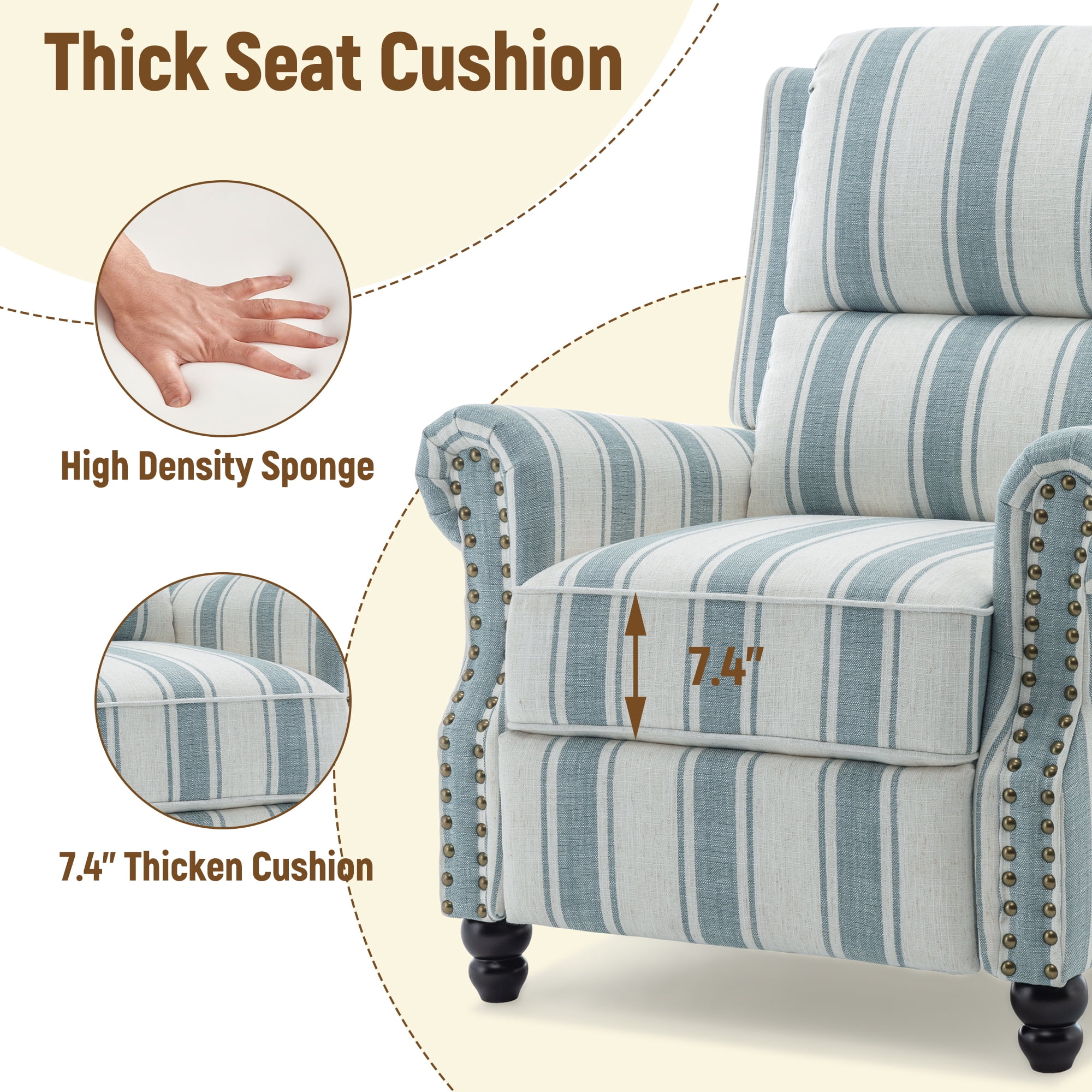 UIXE Stripe Pushback Recliner Chair Fabric Armchair Push Back Recliner Club Chairs Home Living Room, Stripe Blue