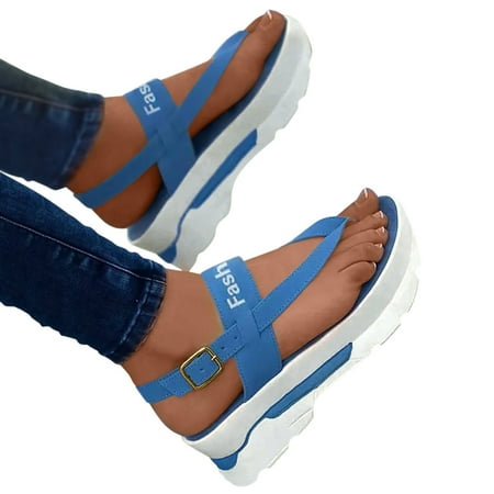 

uikmnh Women Shoes Fashion Flock Wedge Heel Pinch Toe Platform Buckle Roman Sandals Blue 8