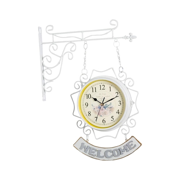 Reloj de pared redondo con apariencia antigua de hierro forjado, reloj de estación de doble cara, reloj colgante de pared redondo con pergamino, Blanco Sunnimix Reloj de pared de doble cara