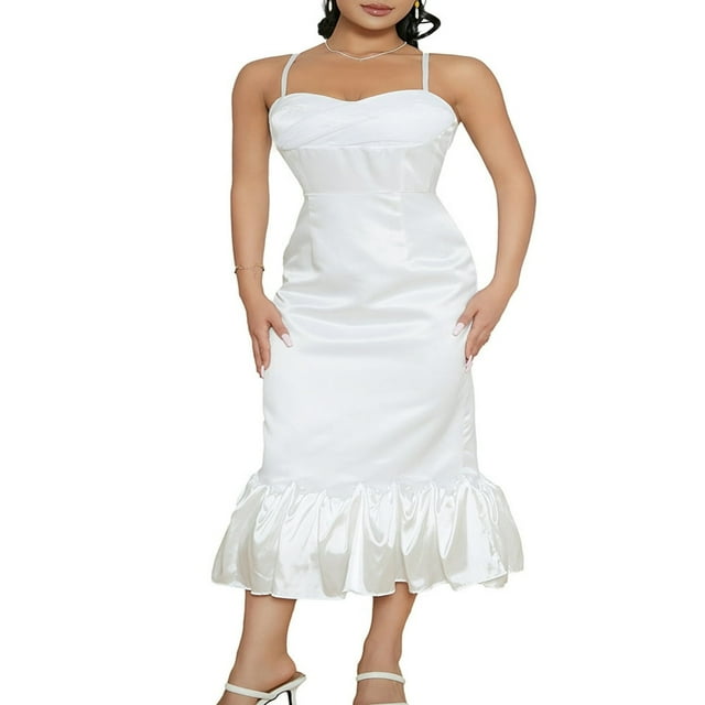 EIMELI Robe Maxi à Bretelles Spaghetti pour Femme Sans Manches Dos Nu Décolleté Plongeant Ourlet à Volants Longue Robe Sortie Robes Camisole