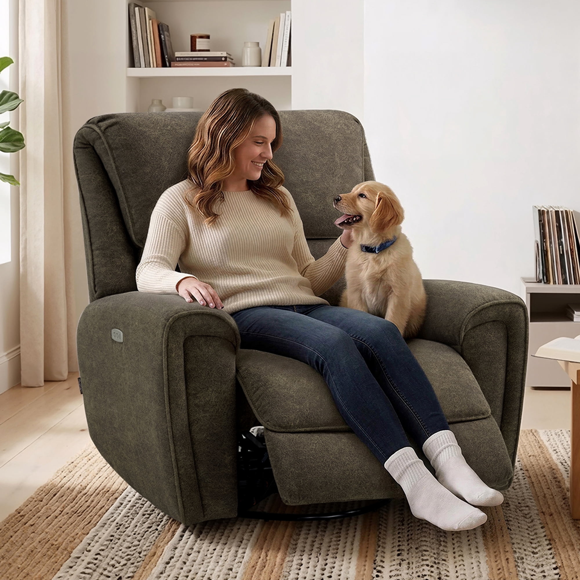 MCombo 400lbs Oversized Swivel Rocker Power Recliner Chair for Big and Tall People, Fabric, Brown