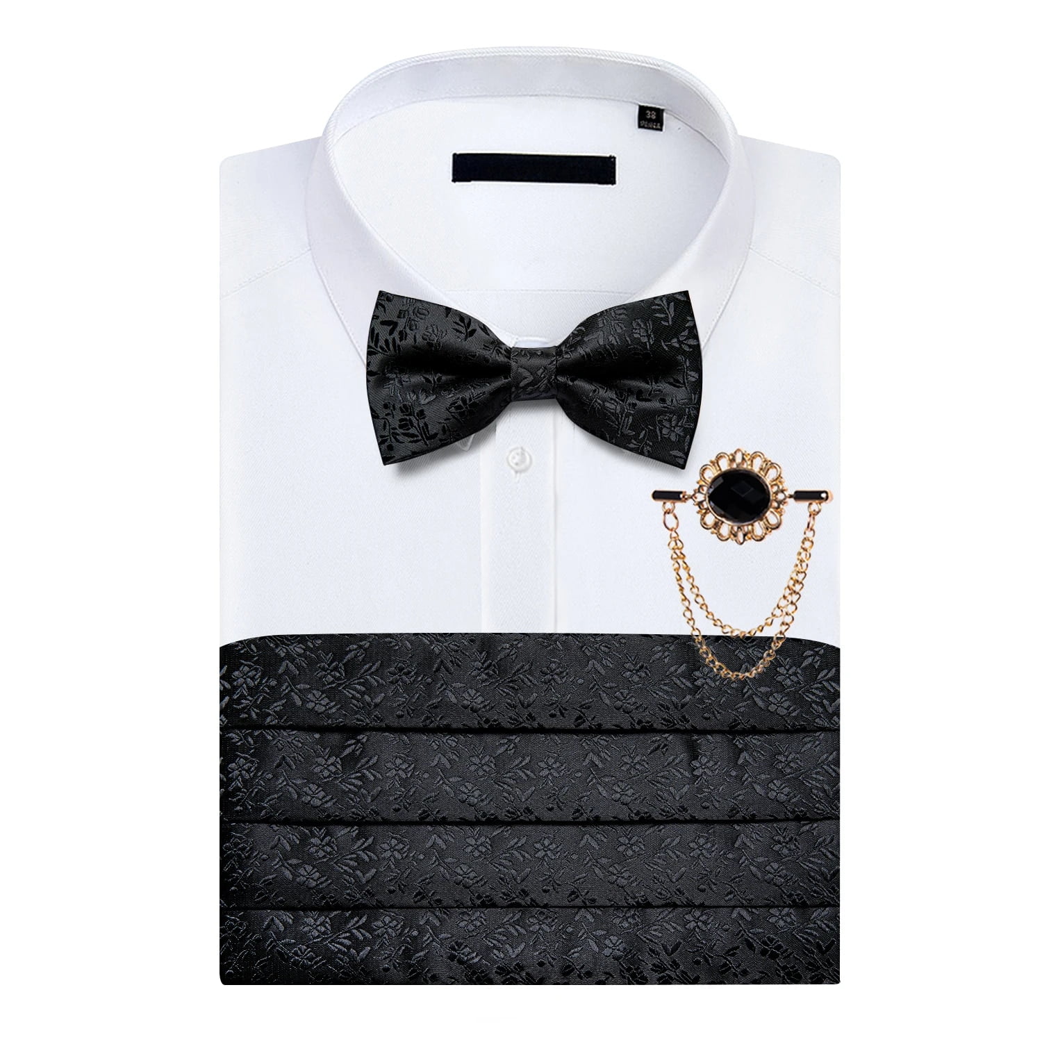 Black Floral Silk Wedding Men's Cummerbunds Bow Tie Brooch Set