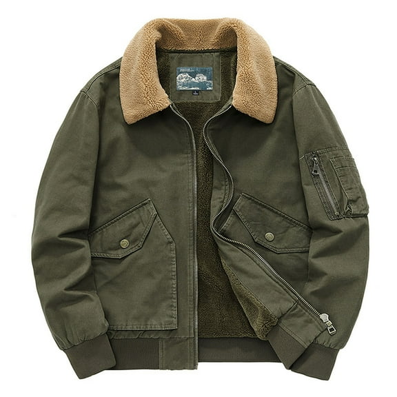 Fashion YLSDY Men's Washed Cotton Military Jacket Sherpa Lined Utility Jacket Thick Warm Winter Jacket High Neck Padded Velour Jackets Army Green M