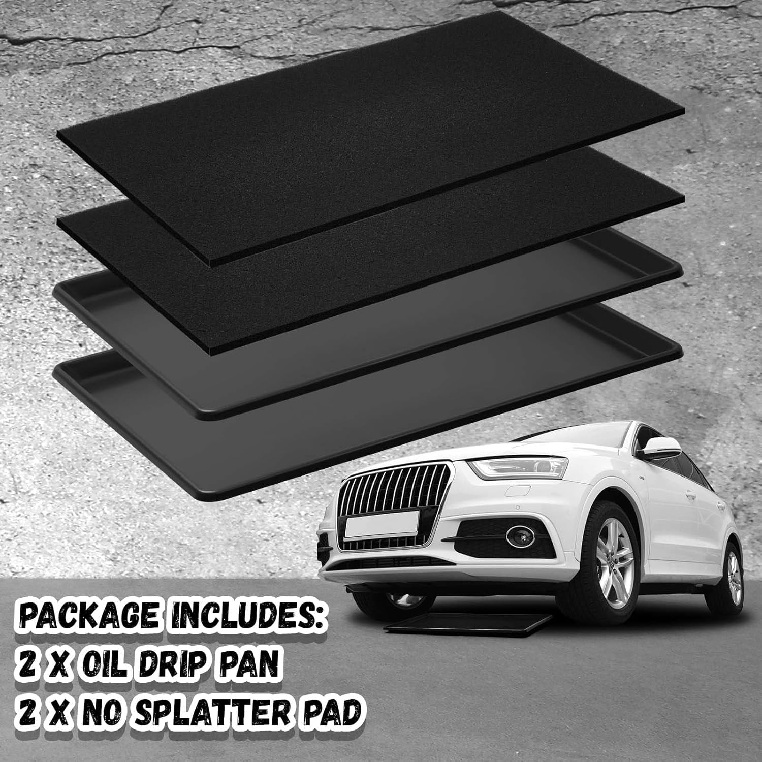 02 Sets Oil Catch Pan with Anti-Splash Pad, 35 x 24 x 1.4 Inch Large Heavy Duty Oil Drain Pan for Under Car, Chemical & Heat Resistant Drip Tray for SUV Truck Garage Protection