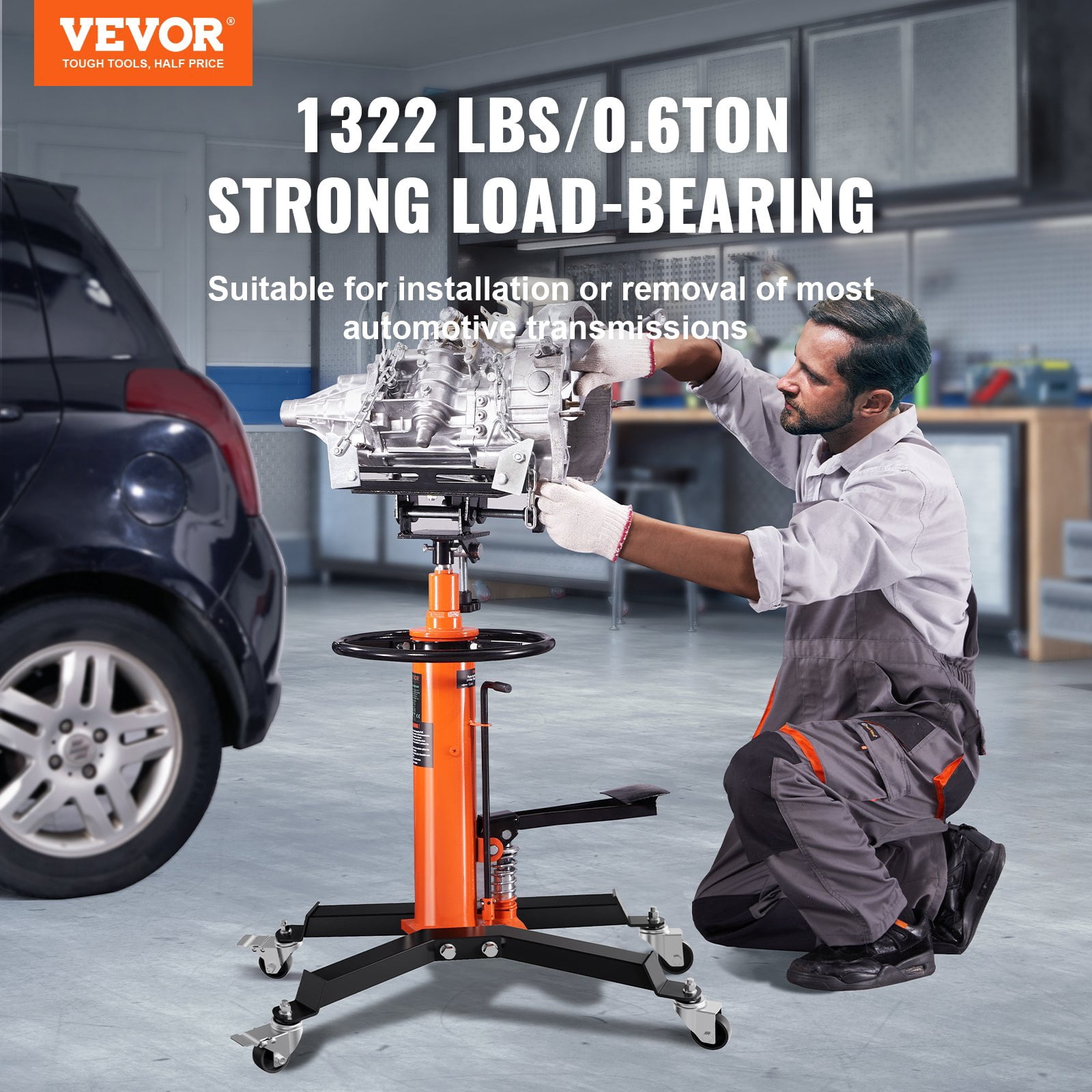 VEVOR Transmission Jack, 1322 LBS Hydraulic Telescoping Transmission Jack, 32"-67" High Lift Floor Jack Stand with Foot Pedal, 360° Swivel Wheel, Hydraulic Transmission Jack Garage/Shop Lift Hoist