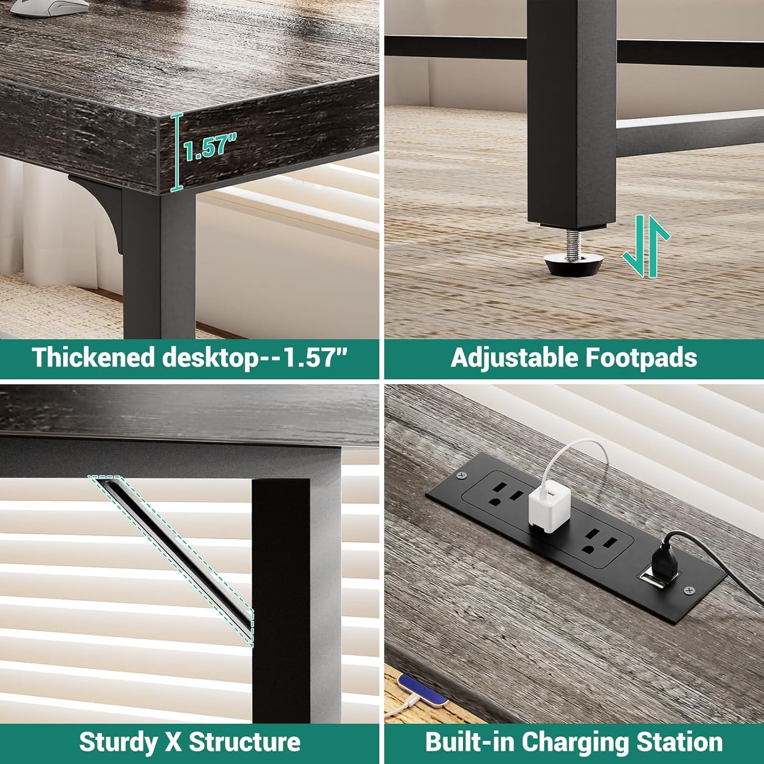 Homieasy Industrial 55 Inch Computer Desk with Socket and LED Light, Thickened Home Office Desk, Writing Study Gaming Table with Storage, Modern Wooden Executive Workstation for Student, Black Oak