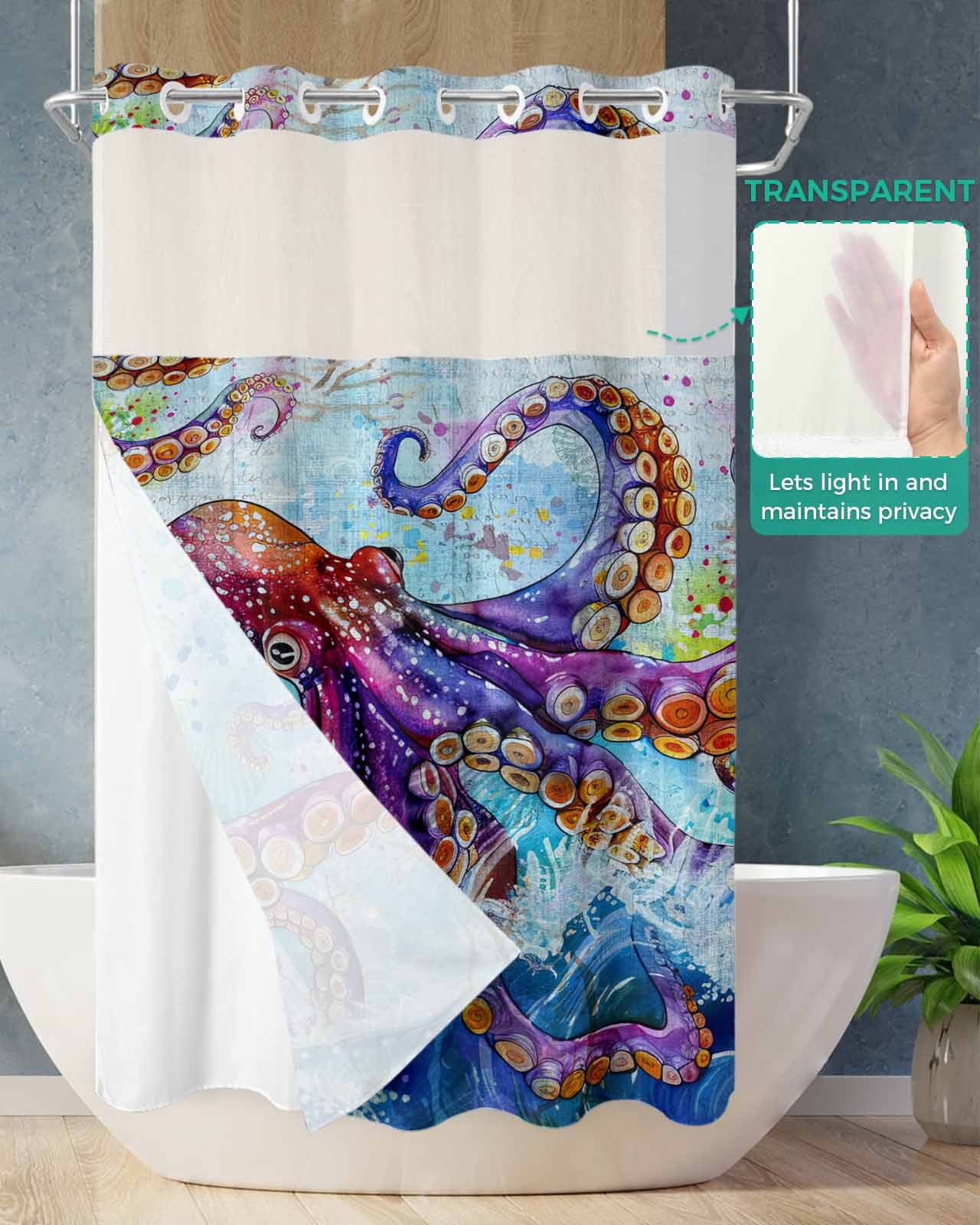 No Hook Shower Curtain with Snap in Liner, Watercolor Summer Ocean Octopus Blue Hotel Shower Curtains for Bathroom, Washable Shower Curtain Liner Set with Mesh Top Window, 36"x78"