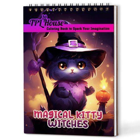 TPLHOUSE Magical Kitty Witches Coloring Book Spiral Bound for Adults A5 Wooden Cover 30 Charming Feline Witches Coloring Pages of Exploring Magical World for Stress Relief and Relaxation