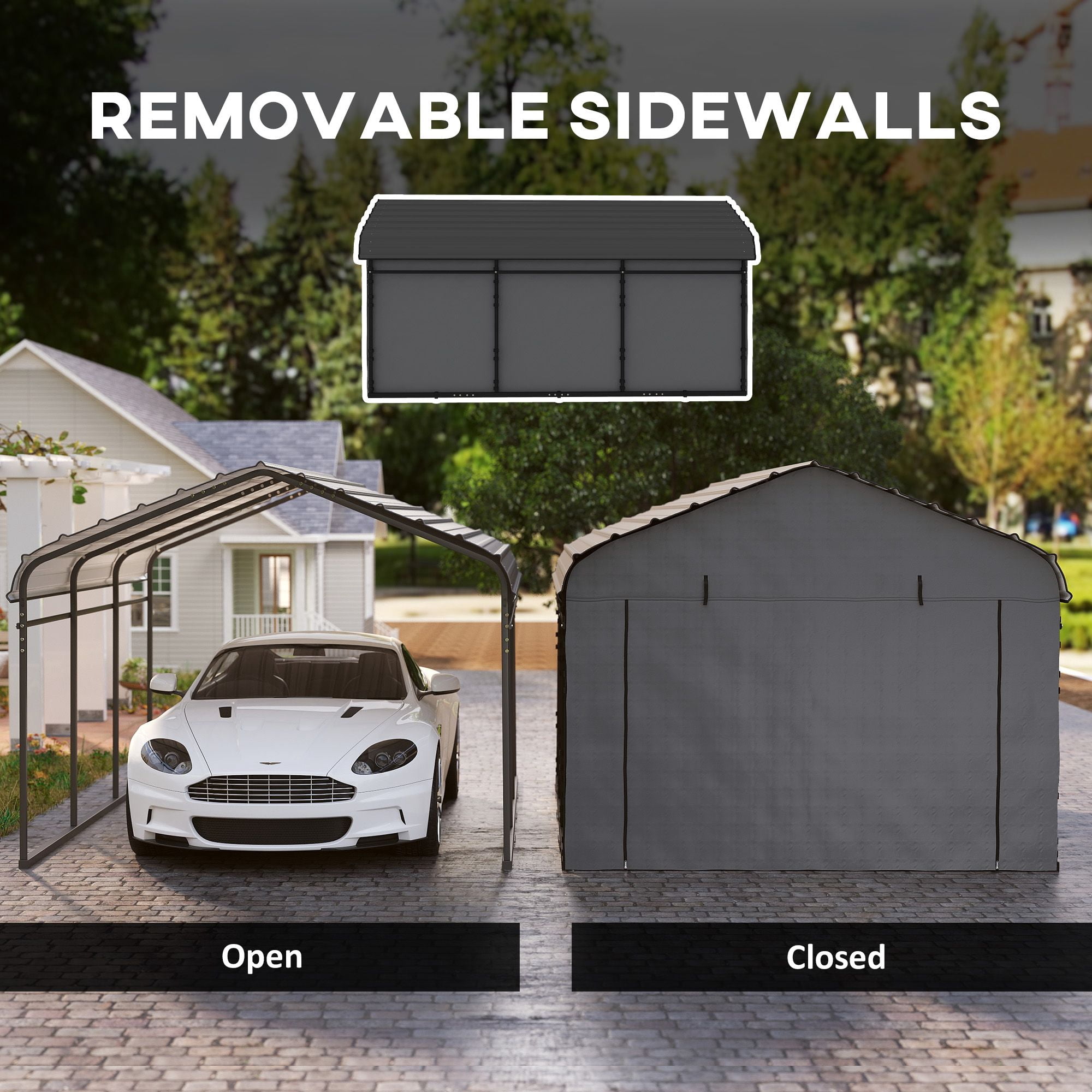 Outsunny 15' x 10' Heavy Duty Metal Carport, Waterproof Garage Canopy with Removable PE Sidewalls, Steel Frame Outdoor Vehicle Shelter for Driveway, RV, or Patio, Dark Gray
