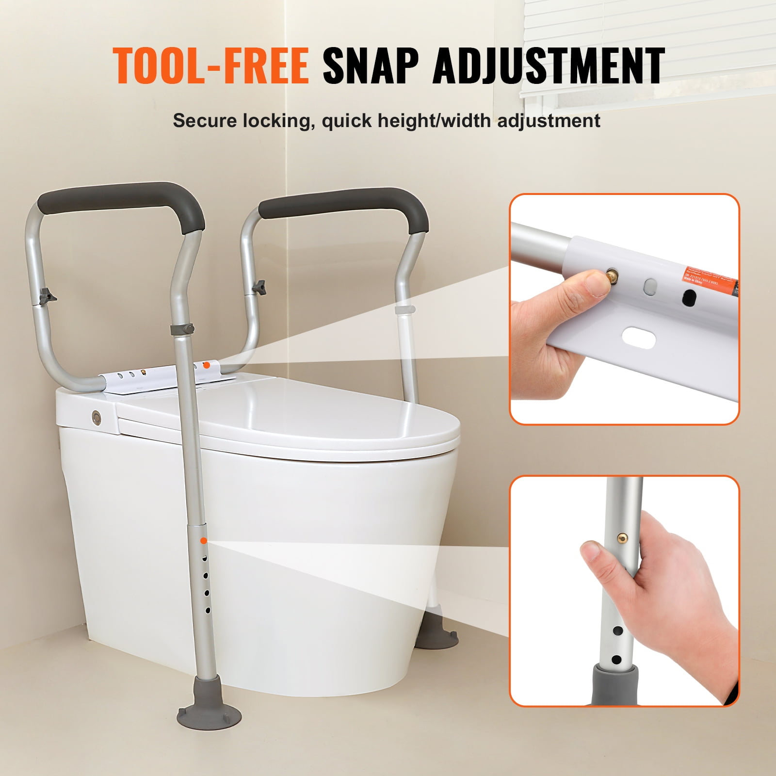 KFFKFF Toilet Support Rail, Adjustable Bathroom Safety Frame for Toilet Seat, Fits Most Toilets, 300lbs Capacity, Equipped with Cushioned Armrests for Elderly, Handicapped, and Disabled Users